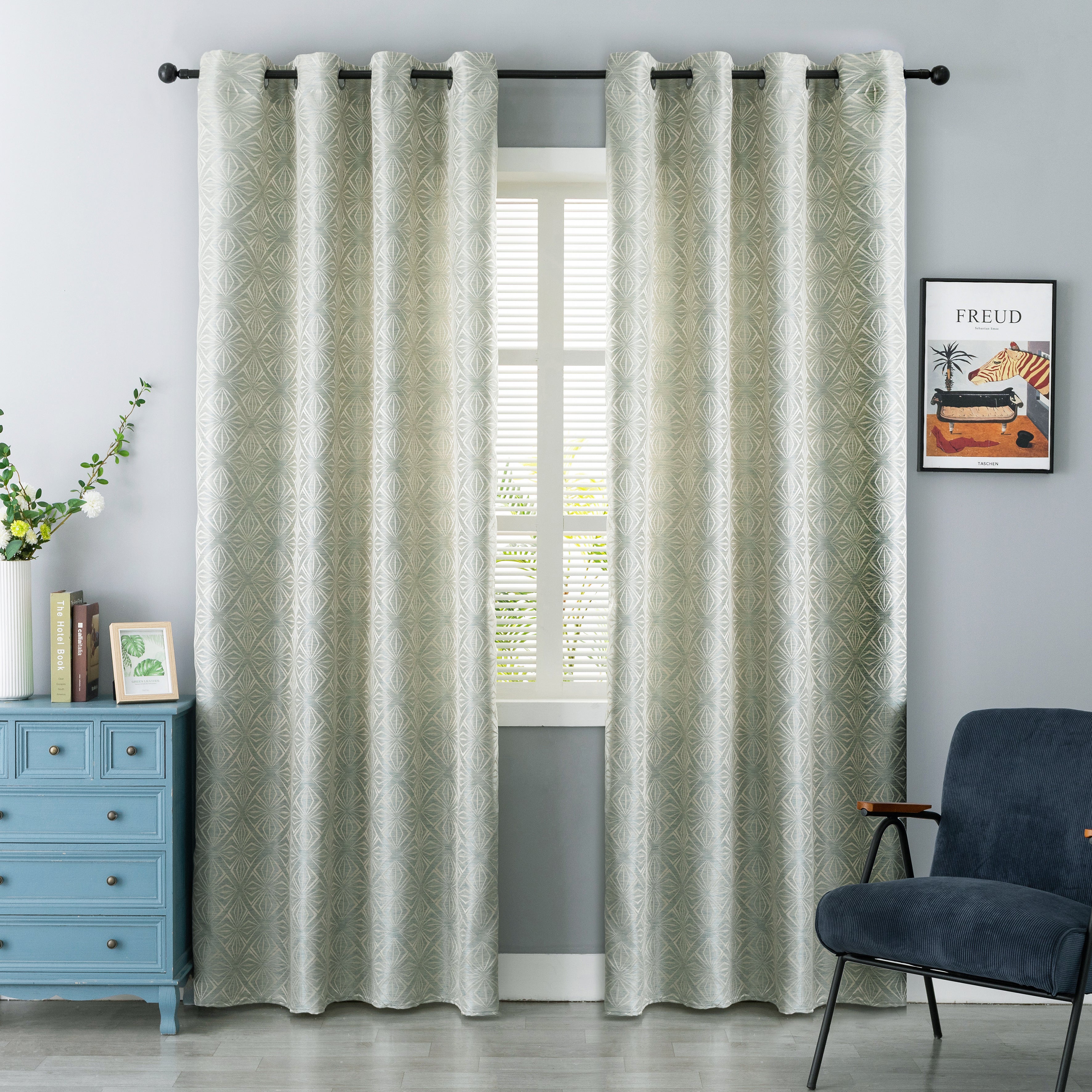 TENDA JACQUARD VERDE SEMI OSCURANTE FANTASIA A ROMBI 140X295CM – Girasole  Home