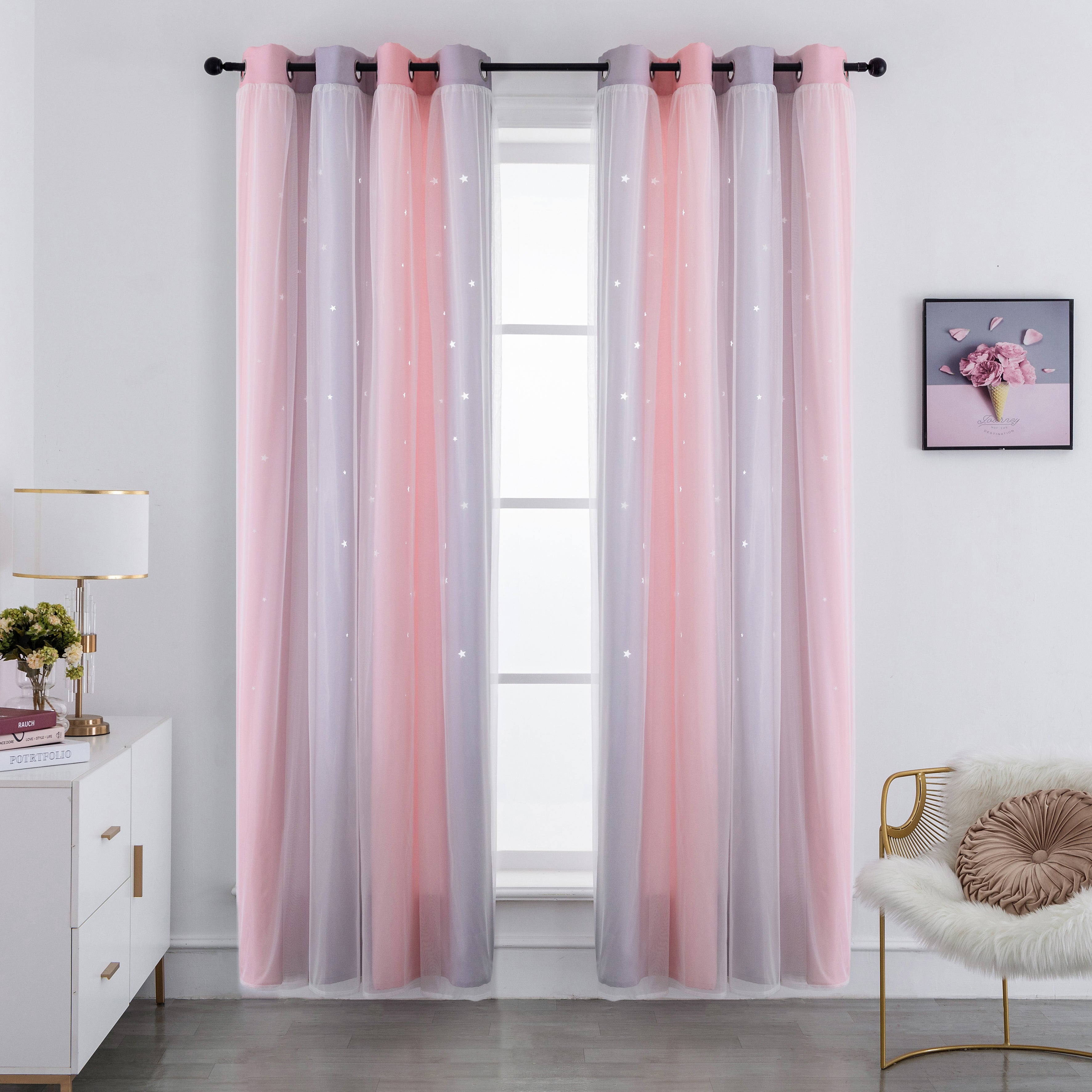 TENDA OSCURANTE ROSA-GRIGIA CON FORI A STELLE 140X285CM – Girasole Home