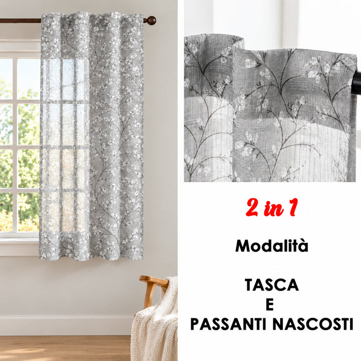 COPPIA TENDE ANTIGUA SEMI FILTRANTI FANTASIA MAGNOLIA 2X70X150CM GRIGIO