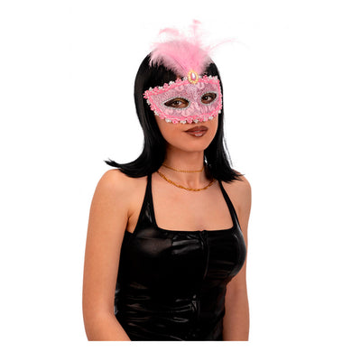 MASCHERA IN PLASTICA DAMASCATA ROSA CON FIORE E PIUMA
