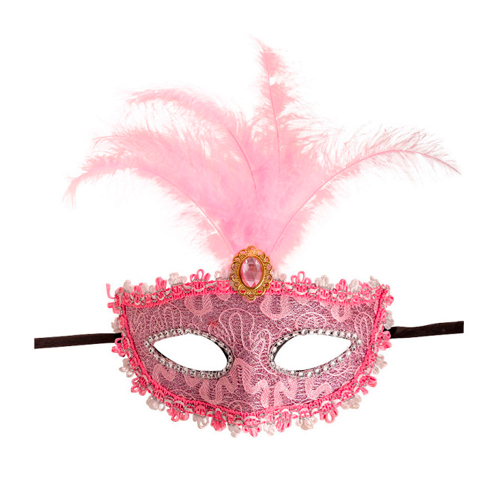 MASCHERA IN PLASTICA DAMASCATA ROSA CON FIORE E PIUMA