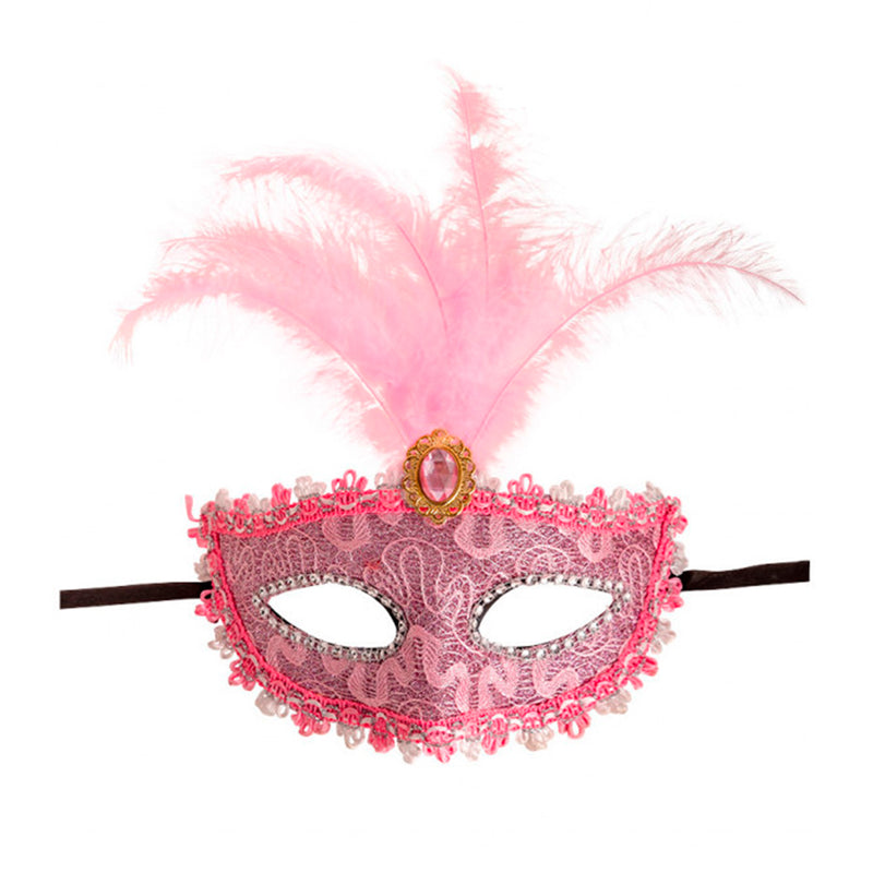 MASCHERA IN PLASTICA DAMASCATA ROSA CON FIORE E PIUMA