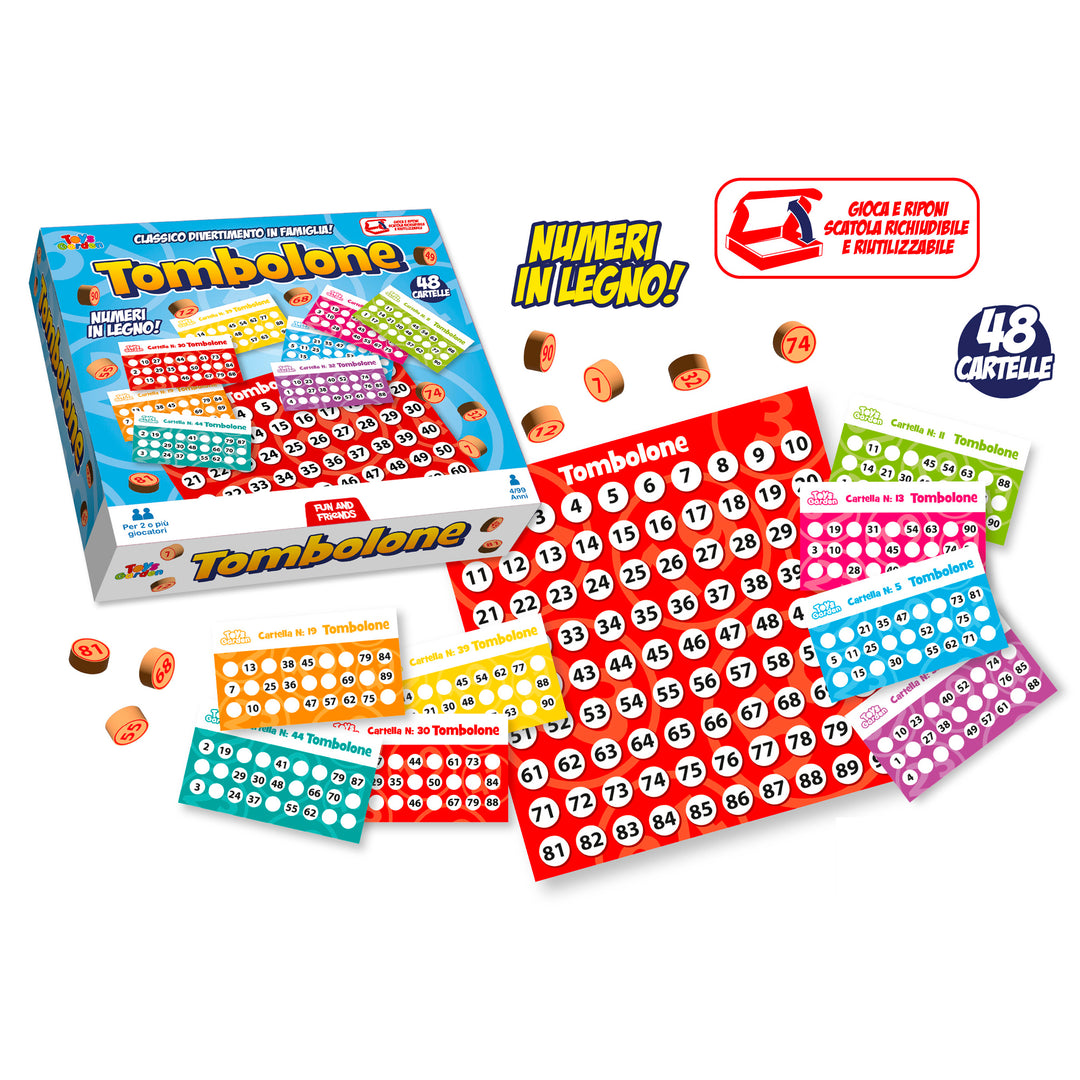TOMBOLA 48 CARTELLE CON NUMERI IN LEGNO