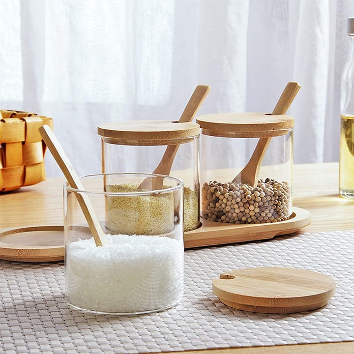 SET PORTA CONDIMENTI IN VETRO E LEGNO