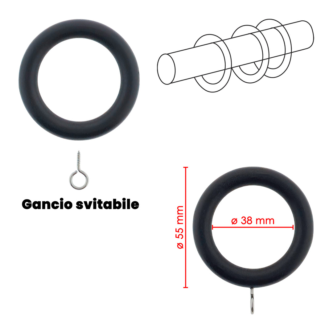 30683 ANELLI TENDA IN LEGNO Ø38MM 10PZ NERO