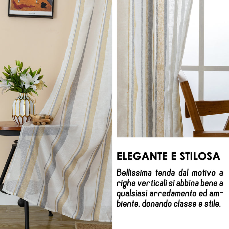 TENDA FILTRANTE EFFETTO LINO A RIGHE 140X275CM GRIGIO+GIALLO