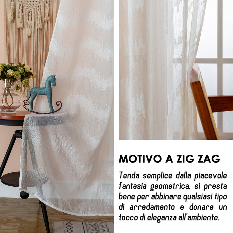 TENDA SEMI FILTRANTE SIMIL LINO MOTIVO A ZIG ZAG 140X285CM BIANCO