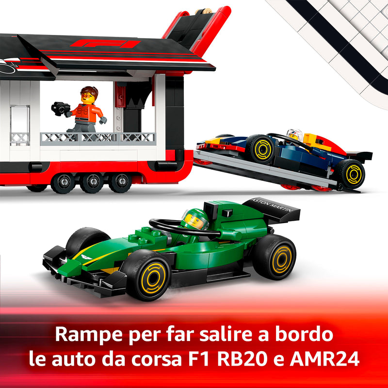 LEGO 60445 AUTOTRASPORTATORE F1 CON MONOPOSTO RB20 e AMR24 F1