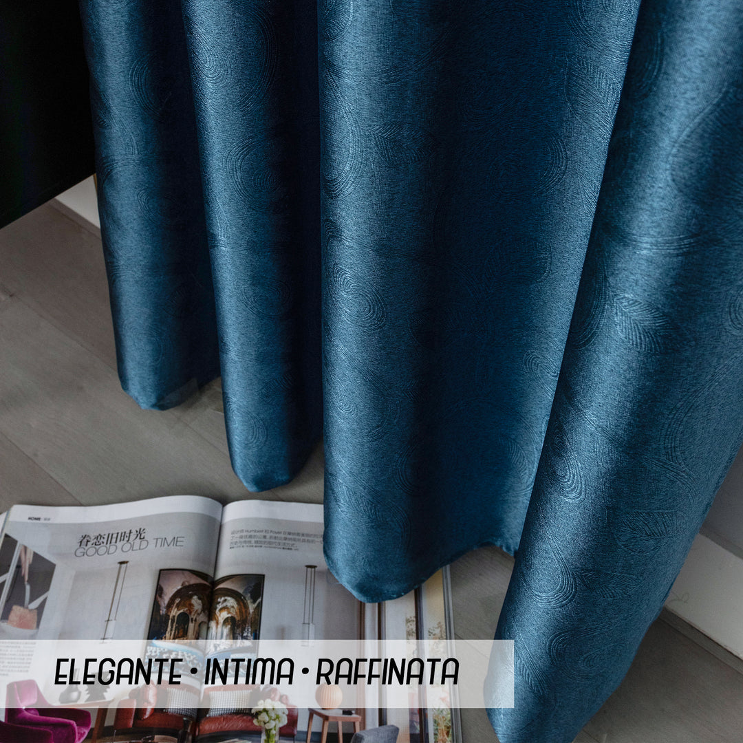 TENDA RODI OSCURANTE METALLIZZATA FANTASIA RAMI E FOGLIE 1 PANNELLO 140X275CM BLU