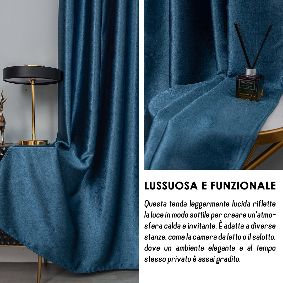 TENDA RODI OSCURANTE METALLIZZATA FANTASIA RAMI E FOGLIE 1 PANNELLO 140X275CM BLU
