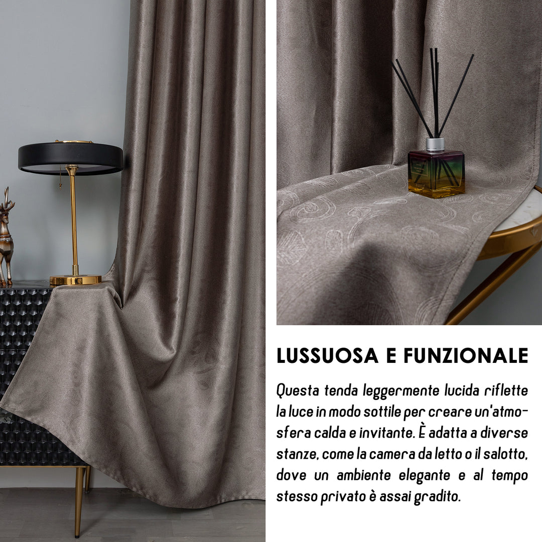 TENDA RODI OSCURANTE METALLIZZATA FANTASIA RAMI E FOGLIE 1 PANNELLO 140X275CM BRONZO