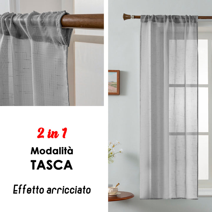 COPPIA TENDE HAITI FILTRANTI SIMIL LINO TRAMA A CROCI 2X70X150CM GRIGIO