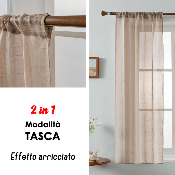 COPPIA TENDE HAITI FILTRANTI SIMIL LINO TRAMA A CROCI 2X55X130CM TORTORA