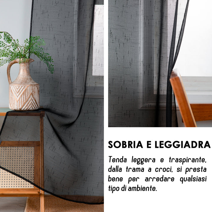 COPPIA TENDE HAITI FILTRANTI SIMIL LINO TRAMA A CROCI 2X70X240CM NERO