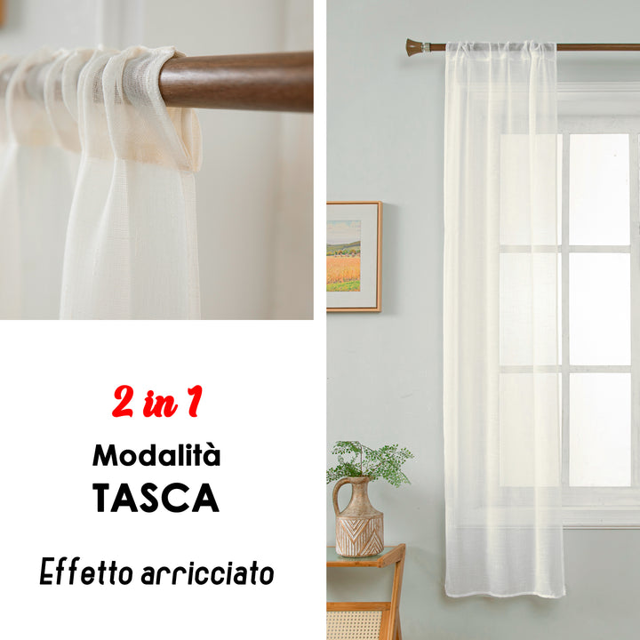 COPPIA TENDE HAITI FILTRANTI SIMIL LINO TRAMA A CROCI 2X70X240CM PANNA