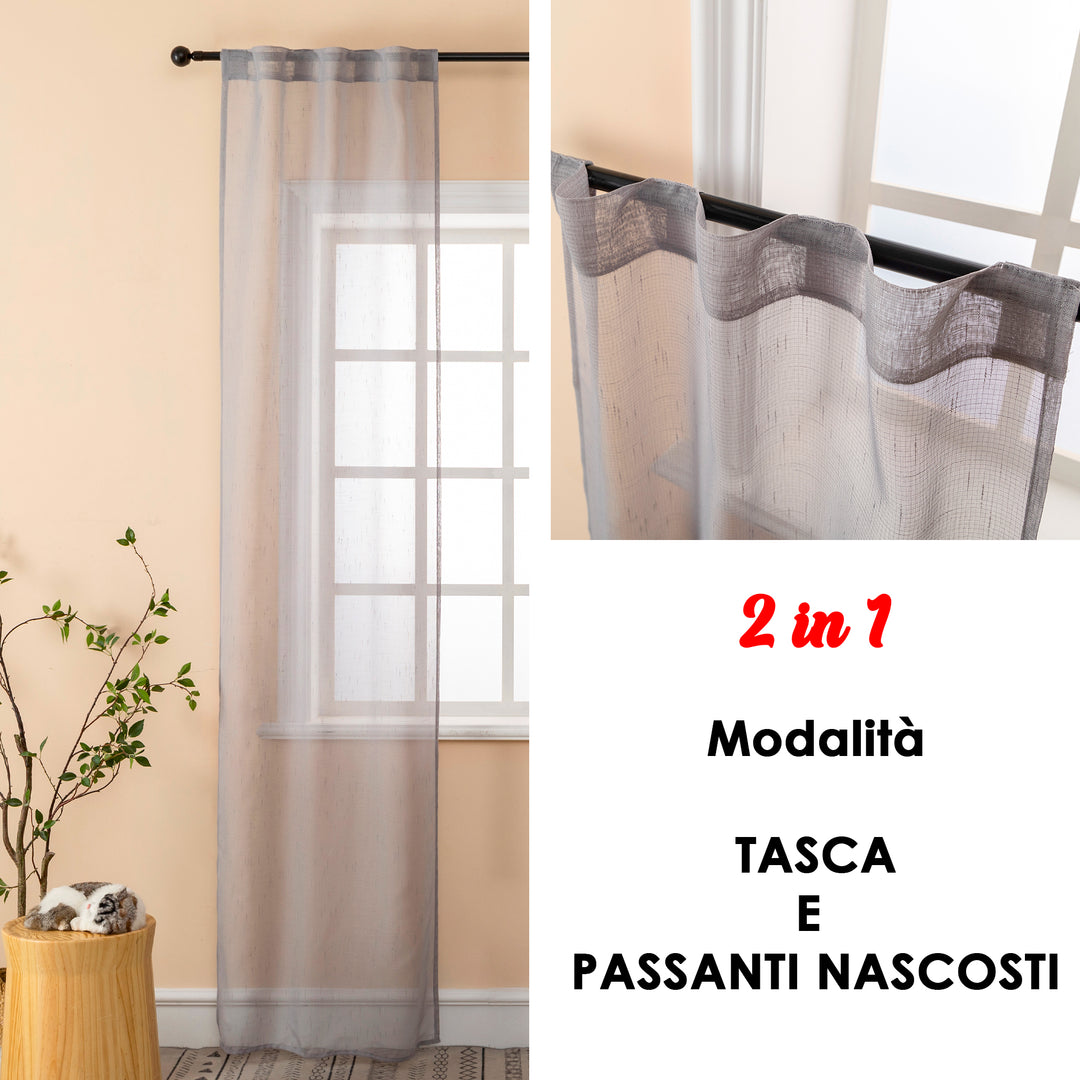 COPPIA TENDE HAITI FILTRANTI SIMIL LINO TRAMA A CROCI 2X70X240CM GRIGIO