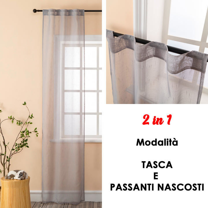 COPPIA TENDE HAITI FILTRANTI SIMIL LINO TRAMA A CROCI 2X70X240CM GRIGIO