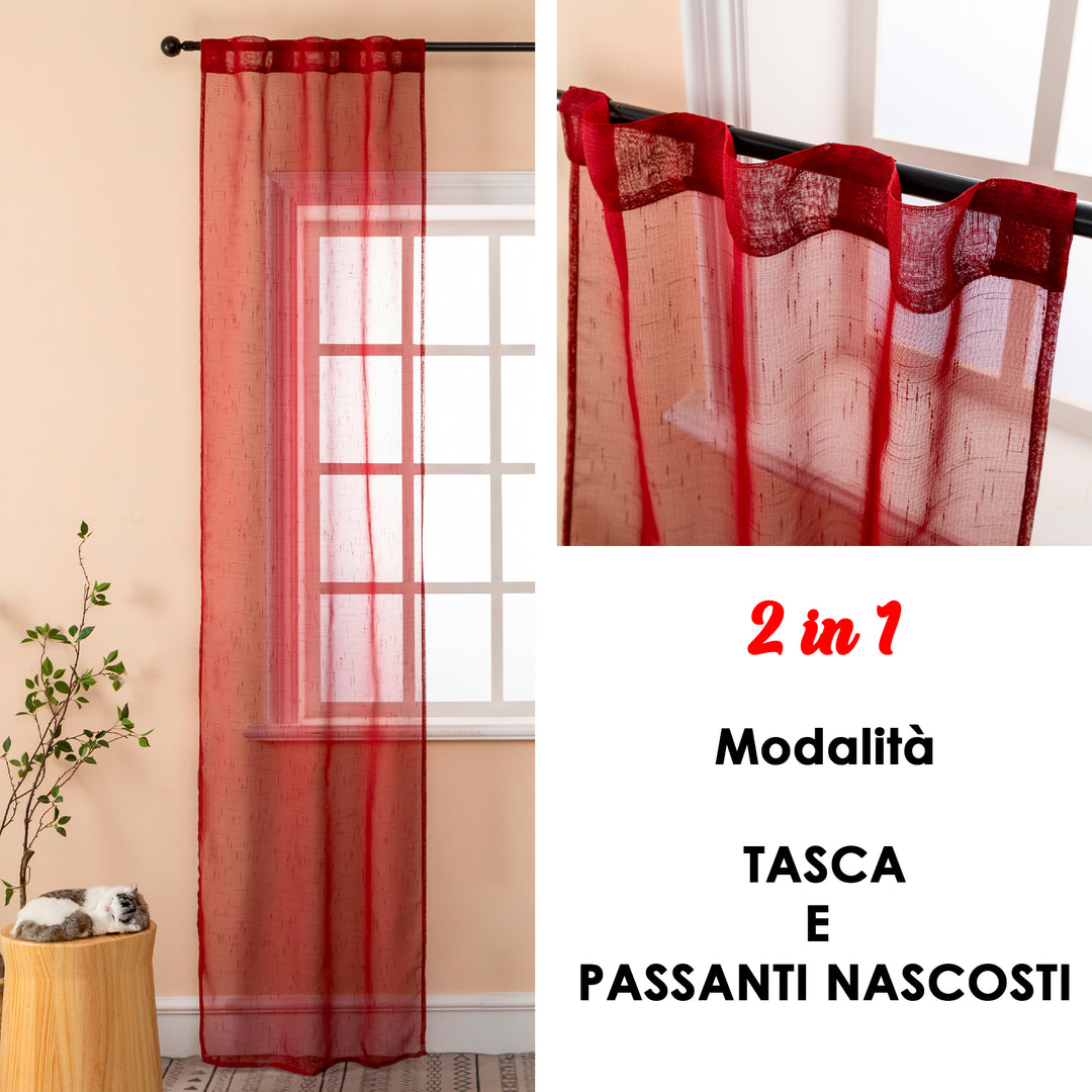 COPPIA TENDE HAITI FILTRANTI SIMIL LINO TRAMA A CROCI 2X70X240CM BORDEAUX