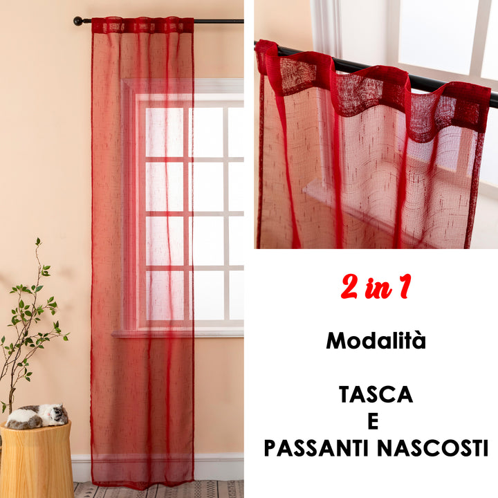 COPPIA TENDE HAITI FILTRANTI SIMIL LINO TRAMA A CROCI 2X70X240CM BORDEAUX