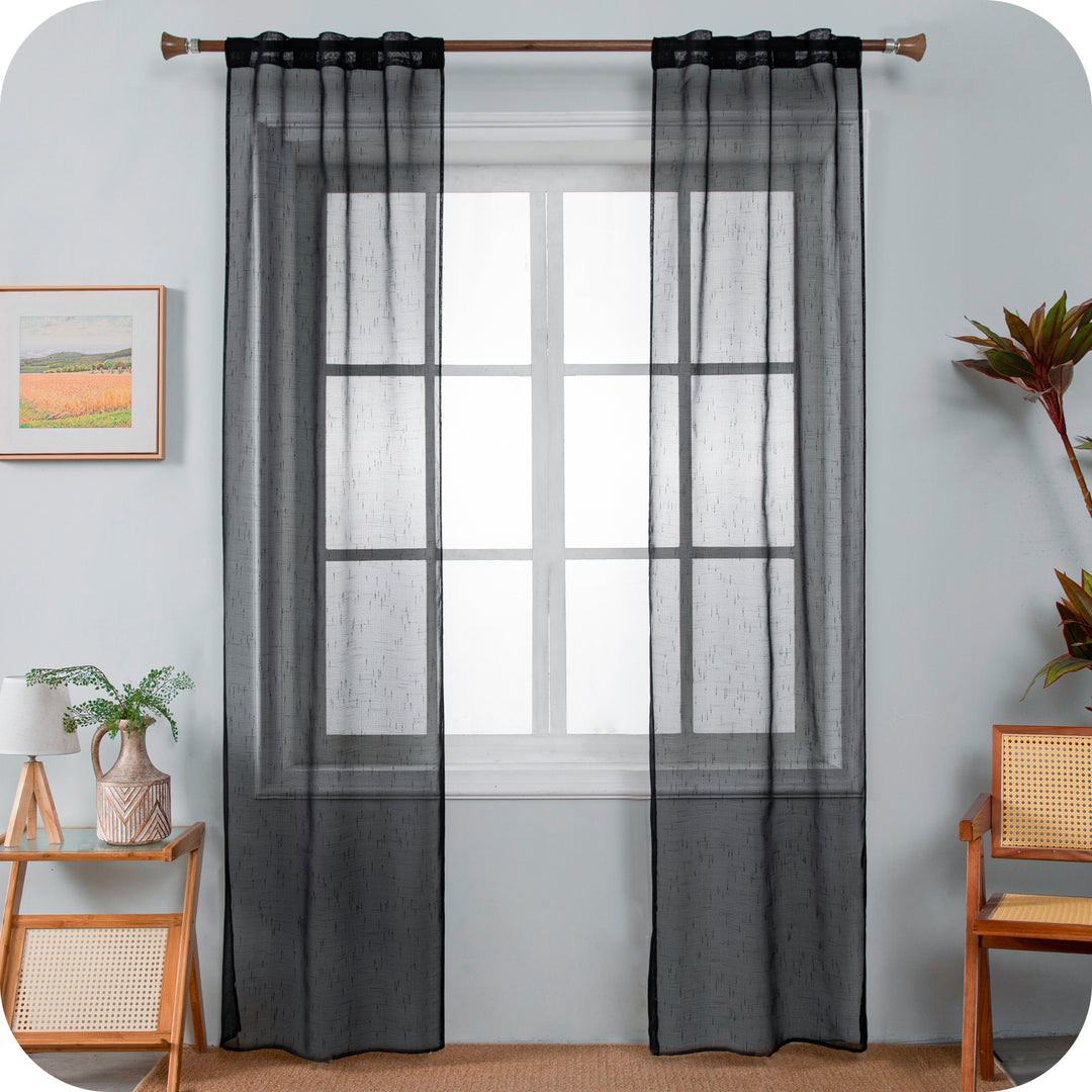COPPIA TENDE HAITI FILTRANTI SIMIL LINO TRAMA A CROCI 2X70X240CM NERO