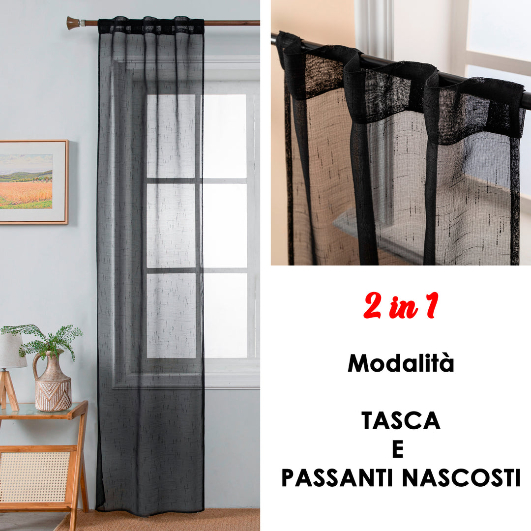 COPPIA TENDE HAITI FILTRANTI SIMIL LINO TRAMA A CROCI 2X70X240CM NERO