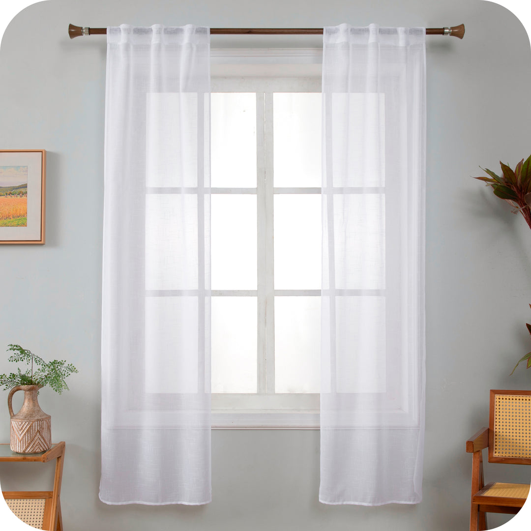 COPPIA TENDE HAITI FILTRANTI SIMIL LINO TRAMA A CROCI 2X70X240CM BIANCO