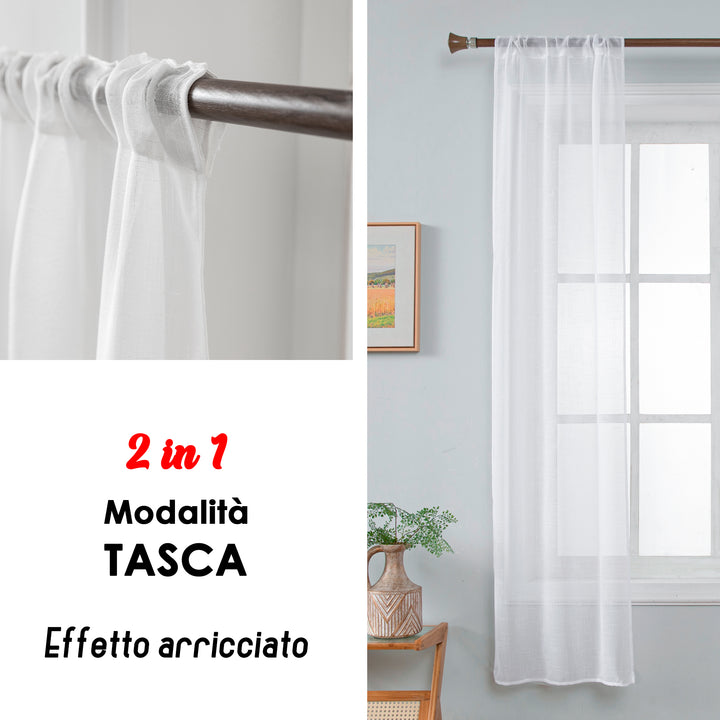 COPPIA TENDE HAITI FILTRANTI SIMIL LINO TRAMA A CROCI 2X70X240CM BIANCO