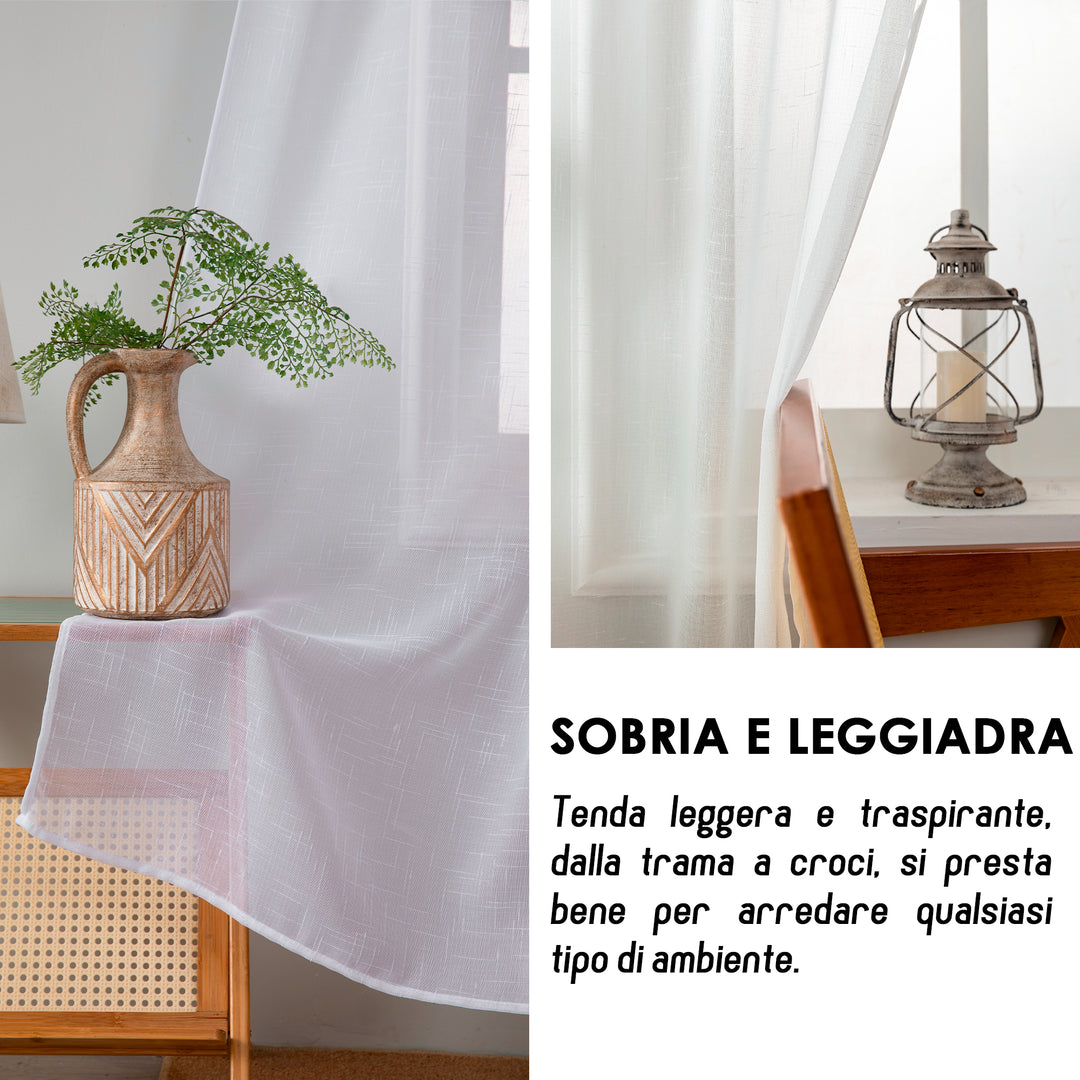 COPPIA TENDE HAITI FILTRANTI SIMIL LINO TRAMA A CROCI 2X70X240CM BIANCO