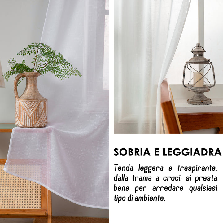 COPPIA TENDE HAITI FILTRANTI SIMIL LINO TRAMA A CROCI 2X70X240CM BIANCO