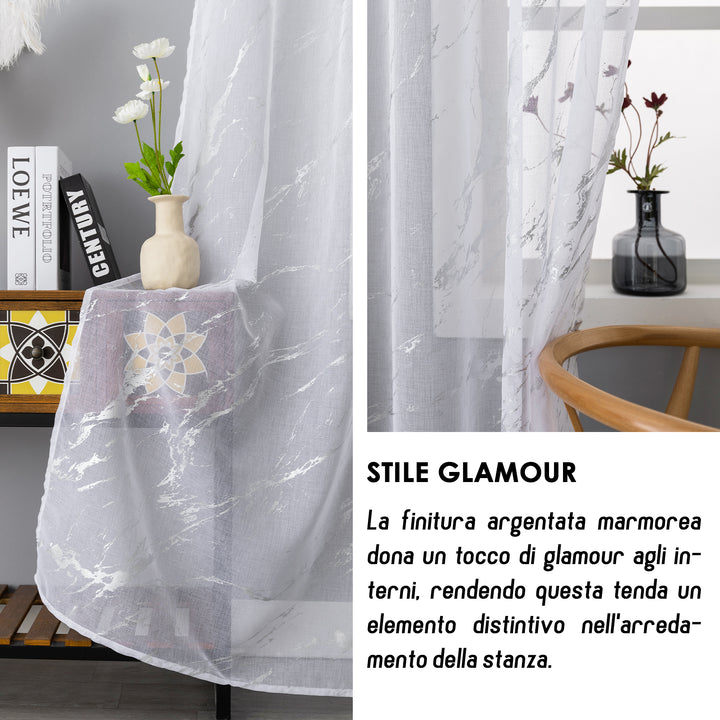 TENDA FAVIGNANA FILTRANTE FANTASIA ARGENTATA EFFETTO MARMO 1 PANNELLO 140X180CM BIANCO