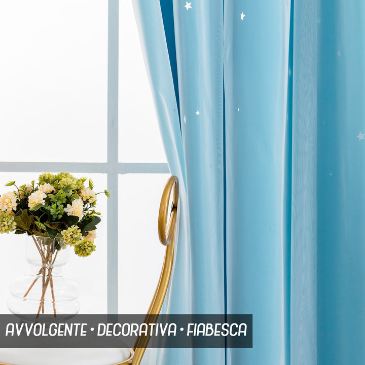 COPPIA TENDE EVIA SEMI OSCURANTE CELESTE CON FORI A STELLE 2 PANNELLI 140X240CM