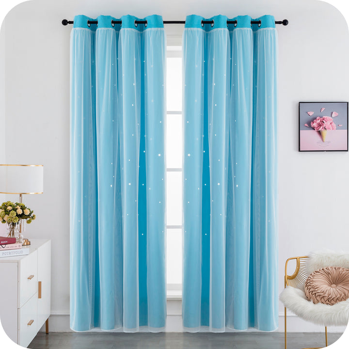 COPPIA TENDE EVIA SEMI OSCURANTE CELESTE CON FORI A STELLE 2 PANNELLI 140X240CM
