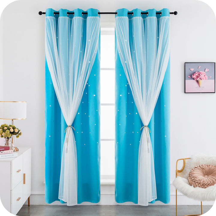 COPPIA TENDE EVIA SEMI OSCURANTE CELESTE CON FORI A STELLE 2 PANNELLI 140X240CM
