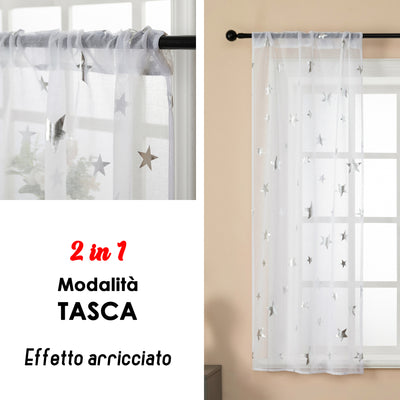 COPPIA TENDE VOILE FILTRANTI FANTASIA STELLE 2X70X145CM ARGENTO