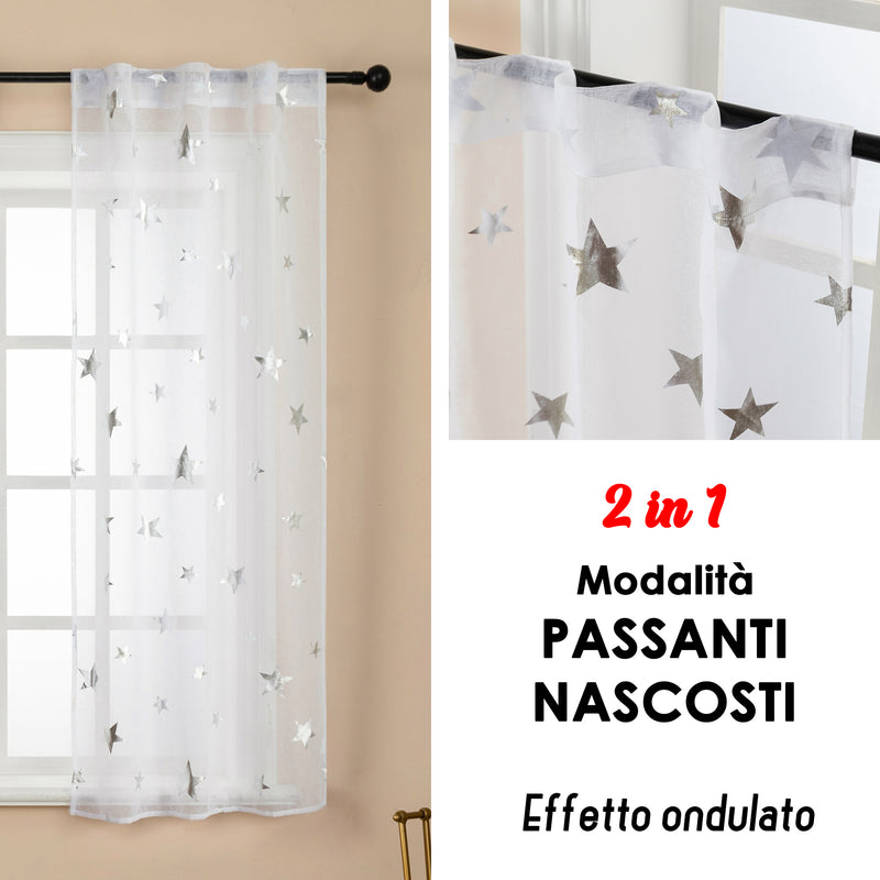 COPPIA TENDE VOILE FILTRANTI FANTASIA STELLE 2X70X145CM ARGENTO