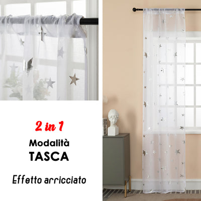 COPPIA TENDE VOILE FILTRANTI FANTASIA STELLE 2X70X235CM ARGENTO