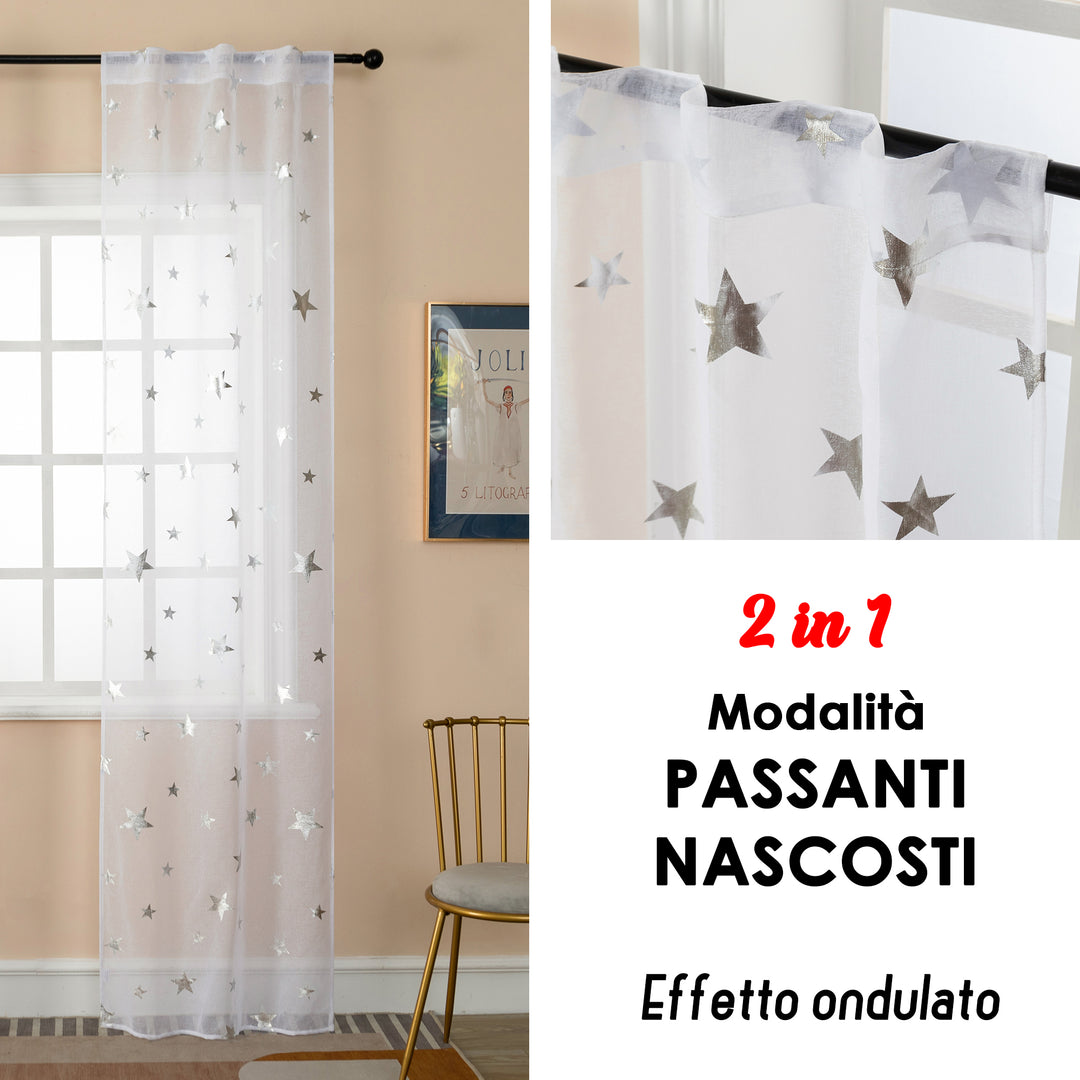 COPPIA TENDE VOILE FILTRANTI FANTASIA STELLE 2X70X235CM ARGENTO
