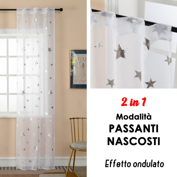 COPPIA TENDE VOILE FILTRANTI FANTASIA STELLE 2X70X235CM ARGENTO