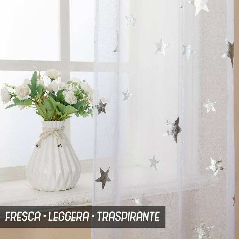 COPPIA TENDE VOILE FILTRANTI FANTASIA STELLE 2X70X235CM ARGENTO