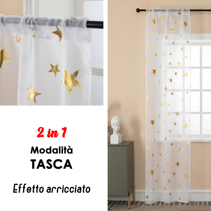 COPPIA TENDE VOILE FILTRANTI FANTASIA STELLE 2X70X235CM ORO