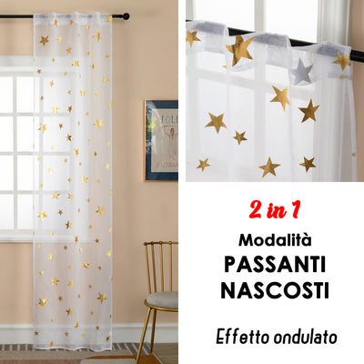 COPPIA TENDE VOILE FILTRANTI FANTASIA STELLE 2X70X235CM ORO