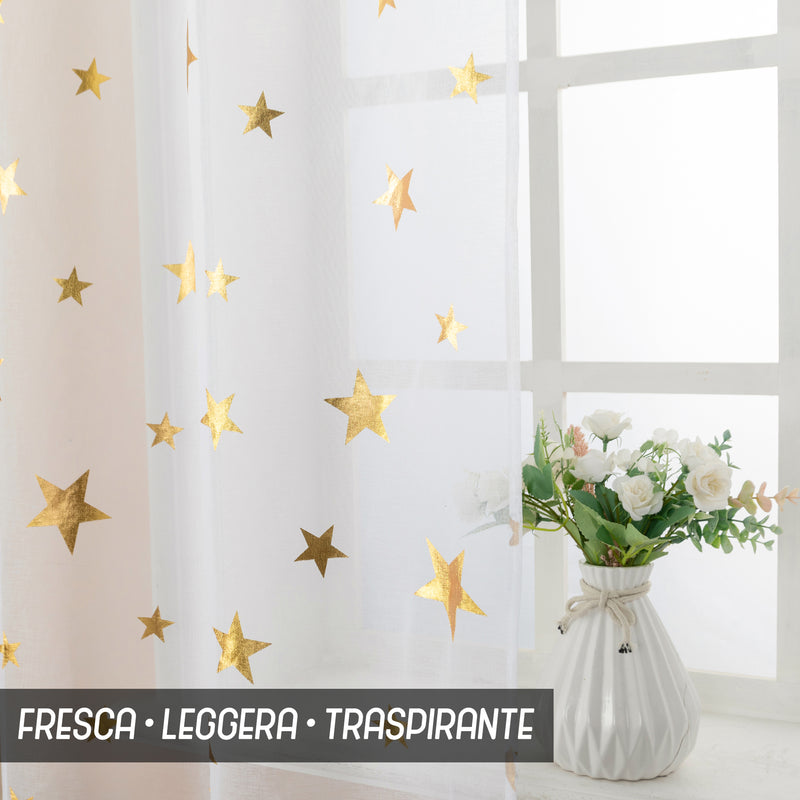 COPPIA TENDE VOILE FILTRANTI FANTASIA STELLE 2X70X235CM ORO