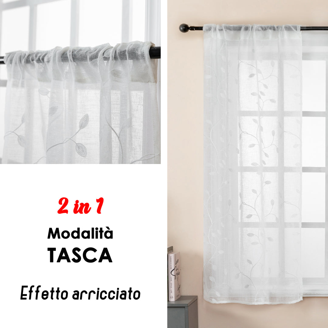COPPIA TENDE BALI FILTRANTI IN SIMIL LINO FANTASIA RAMPICANTI 2X70X140CM BIANCO