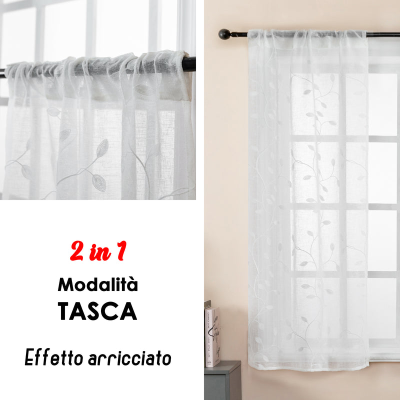 COPPIA TENDE FILTRANTI IN SIMIL LINO FANTASIA RAMPICANTI 2X70X138CM BIANCO