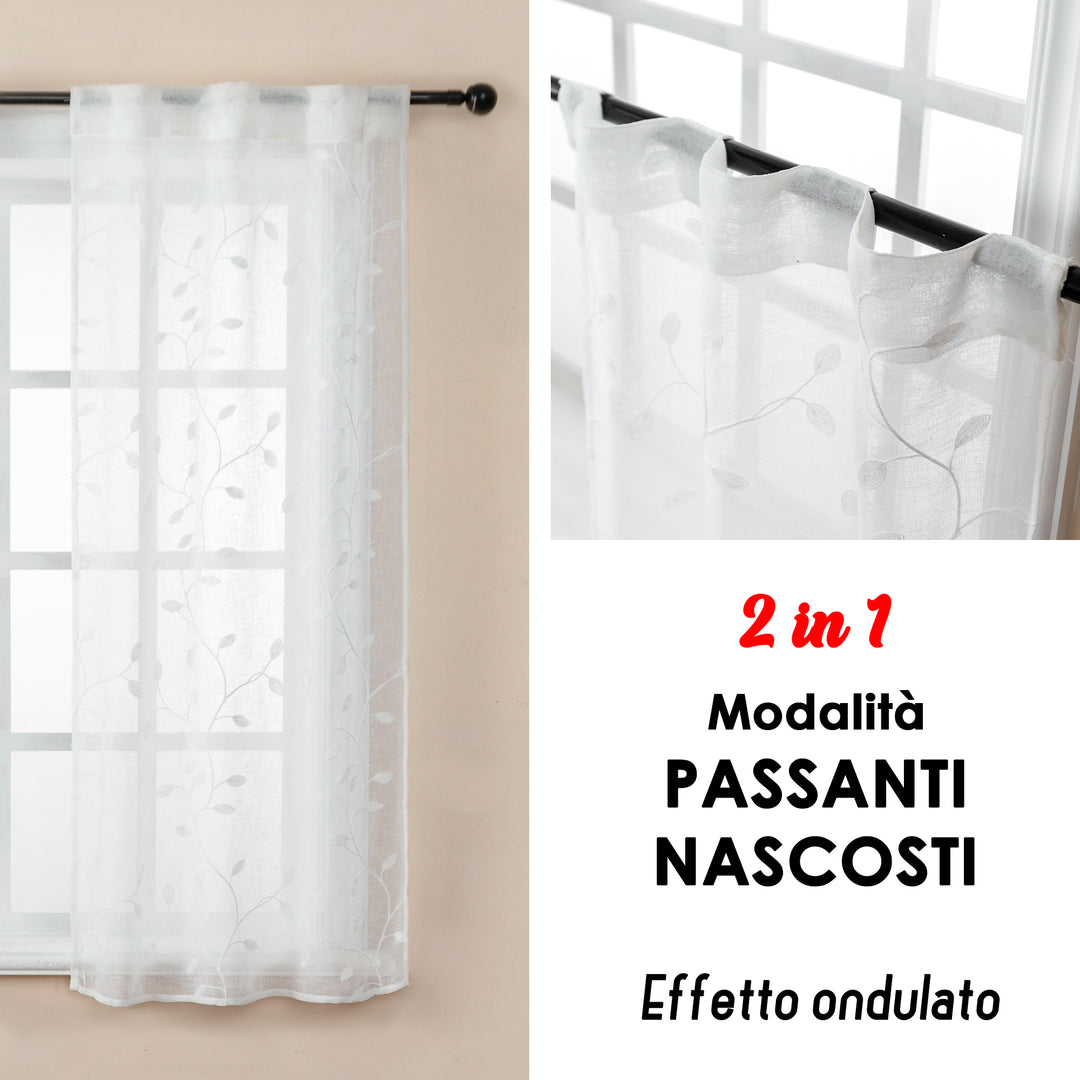 COPPIA TENDE BALI FILTRANTI IN SIMIL LINO FANTASIA RAMPICANTI 2X70X140CM BIANCO