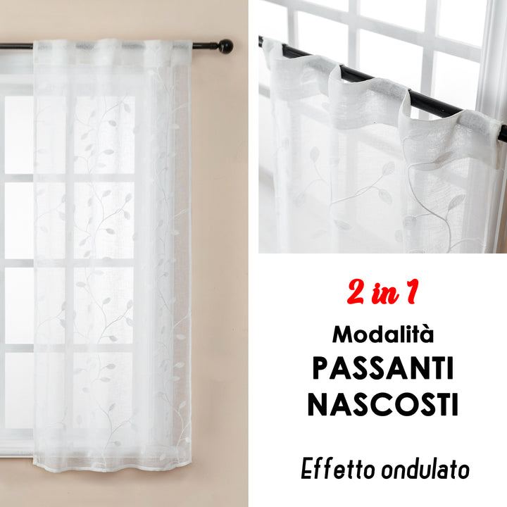 COPPIA TENDE BALI FILTRANTI IN SIMIL LINO FANTASIA RAMPICANTI 2X70X140CM BIANCO