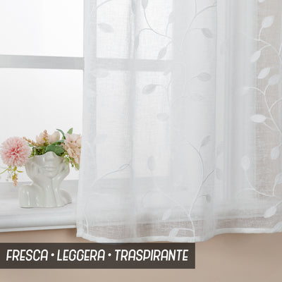 COPPIA TENDE FILTRANTI IN SIMIL LINO FANTASIA RAMPICANTI 2X70X138CM BIANCO