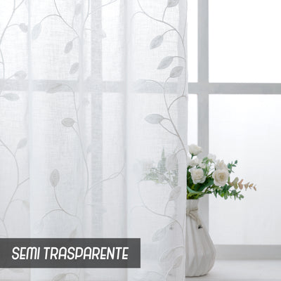 COPPIA TENDE FILTRANTI IN SIMIL LINO FANTASIA RAMPICANTI 2X70X138CM BIANCO