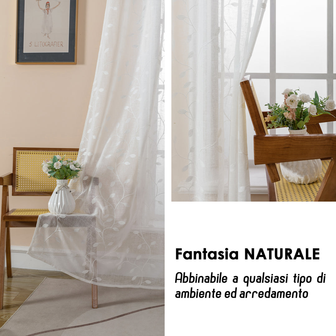 COPPIA TENDE BALI FILTRANTI IN SIMIL LINO FANTASIA RAMPICANTI 2X70X140CM BIANCO