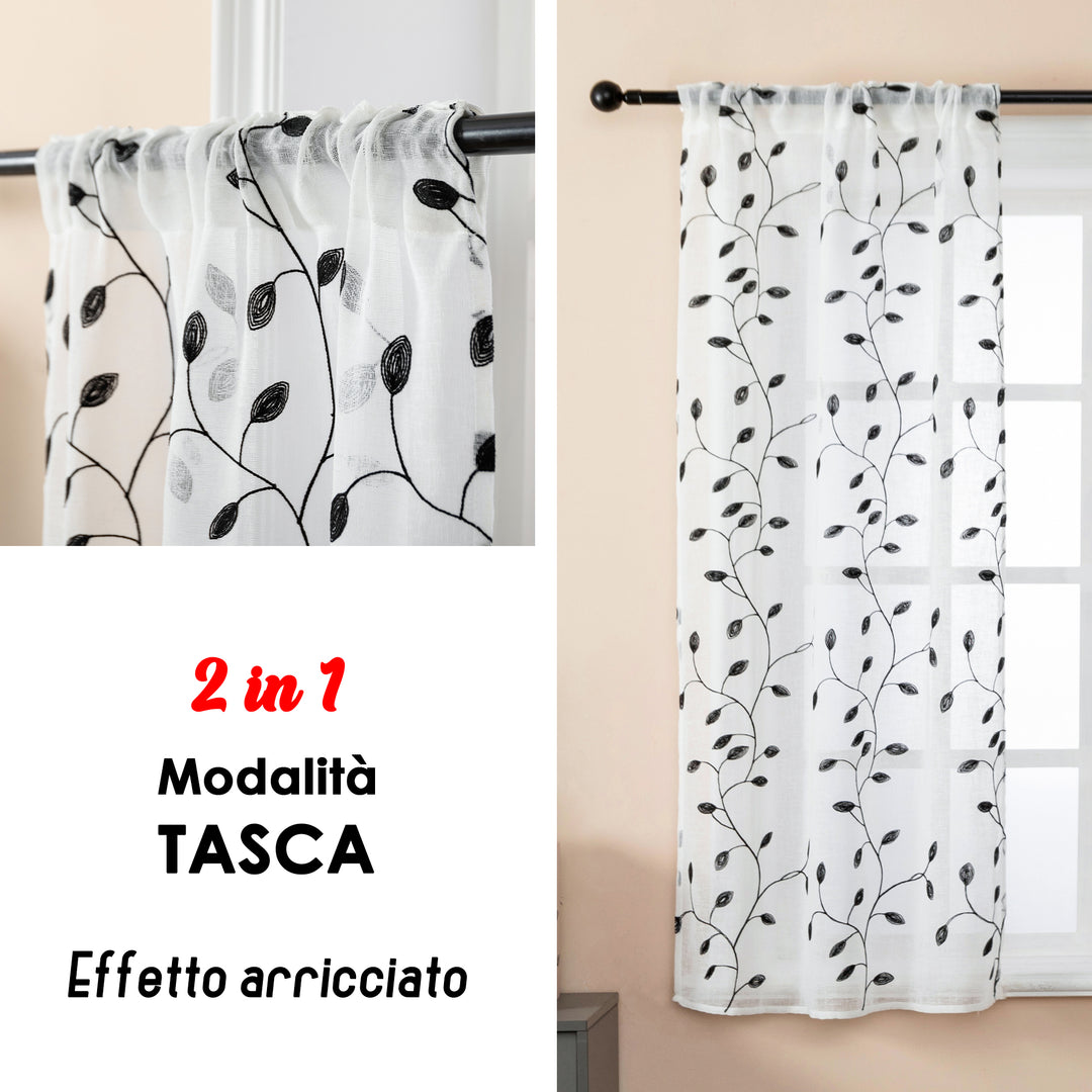 COPPIA TENDE BALI FILTRANTI IN SIMIL LINO FANTASIA RAMPICANTI 2X70X140CM NERO